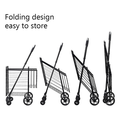 The folding shopping trolley shown in multiple folded positions, demonstrating its compact storage