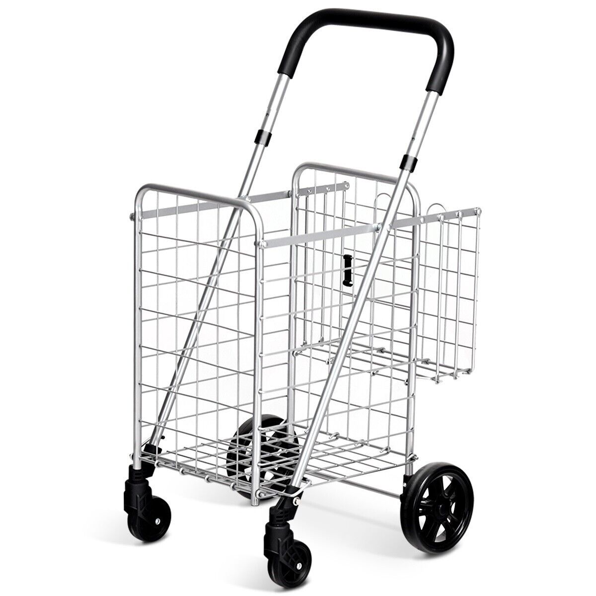 Folding Height Adjustable Shopping Trolley with Handle and Wheels in silver, a shopping tote with a metal frame and wheels