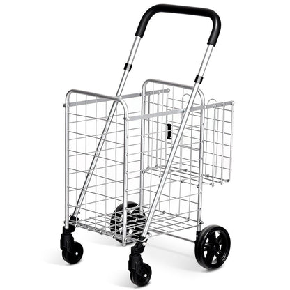 Folding Height Adjustable Shopping Trolley with Handle and Wheels in silver, a shopping tote with a metal frame and wheels