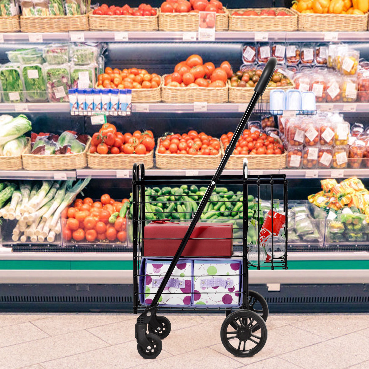 The shopping tote being used in a supermarket aisle, filled with groceries