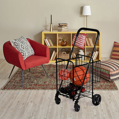 The folding shopping trolley in a room, holding a basketball and a toy car