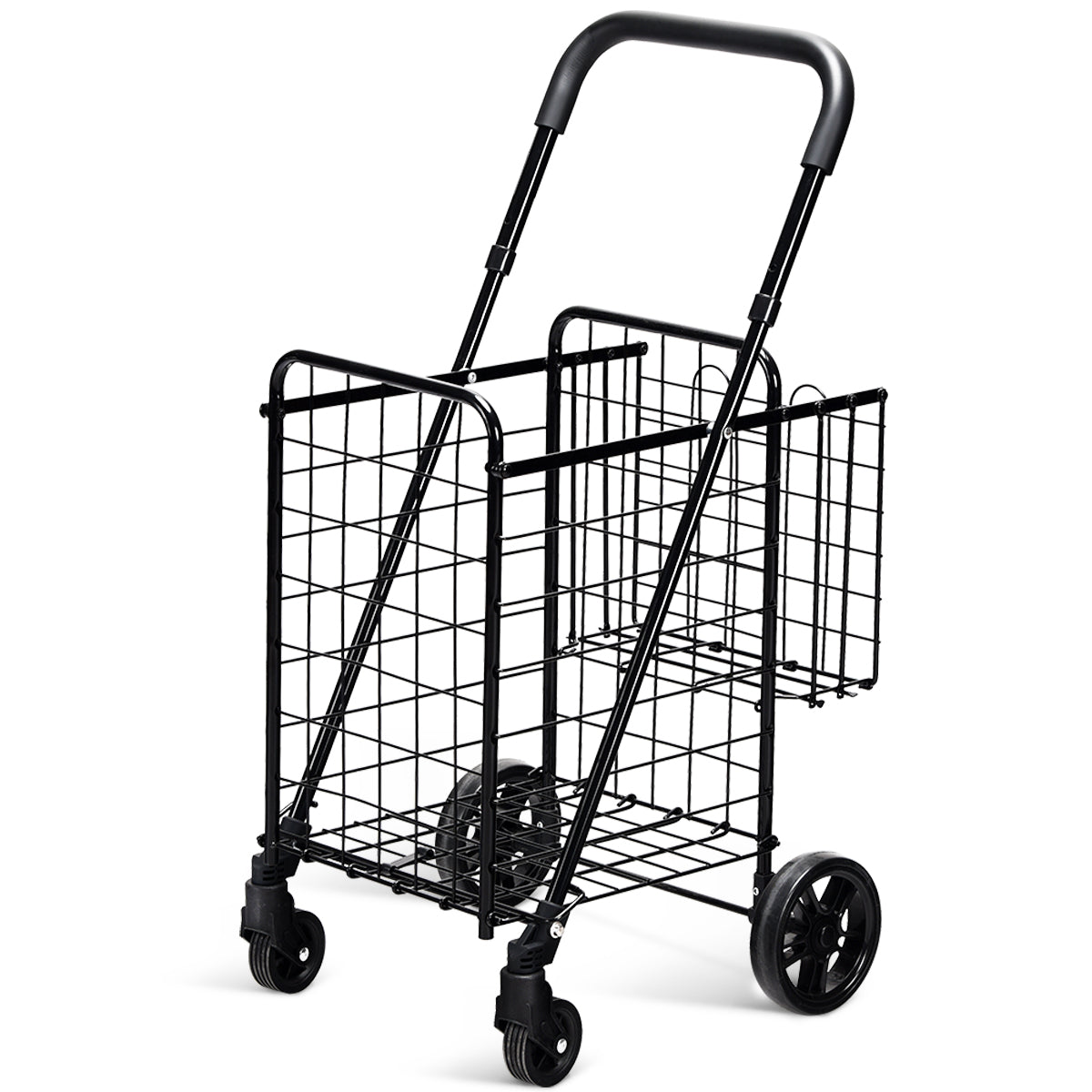 Folding Height Adjustable Shopping Trolley with Handle and Wheels in black, a metal shopping cart with wheels and a handle