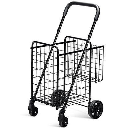 Folding Height Adjustable Shopping Trolley with Handle and Wheels in black, a metal shopping cart with wheels and a handle