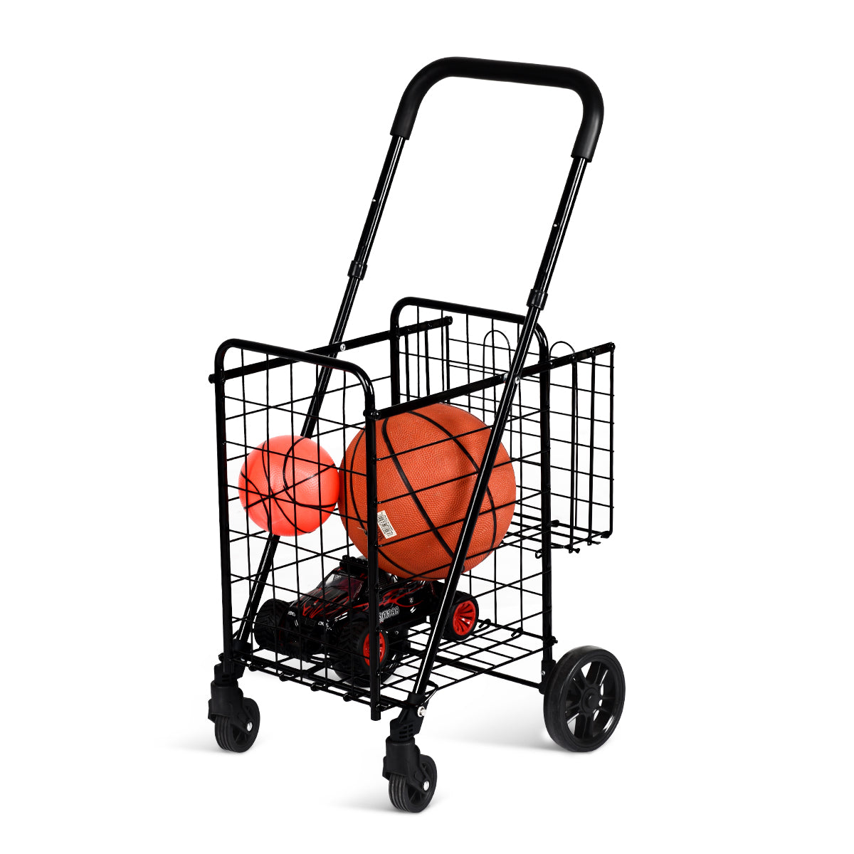Close-up of the black shopping trolley with a basketball and toy car inside
