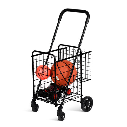 Close-up of the black shopping trolley with a basketball and toy car inside