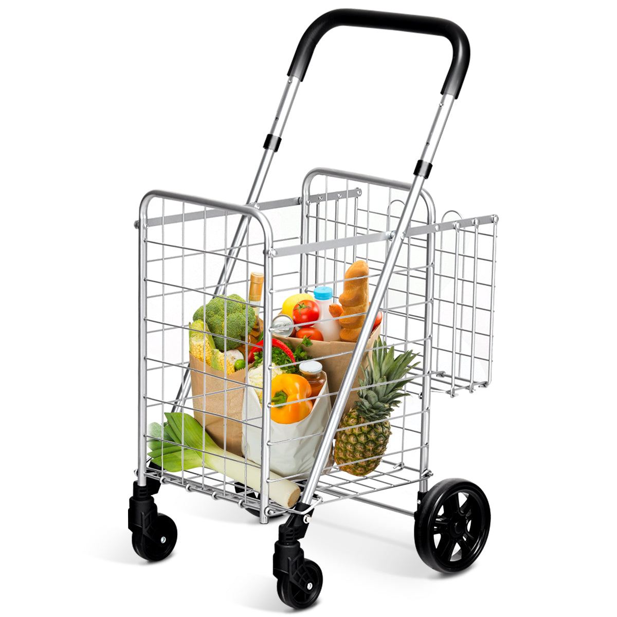 The shopping tote is filled with various groceries and household items