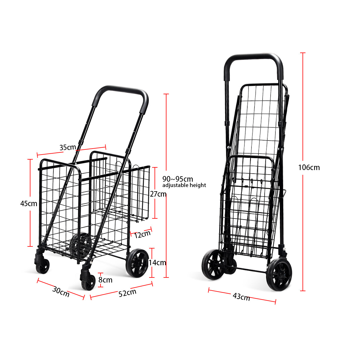 Dimensions of the black shopping trolley, showing height, width, and depth measurements