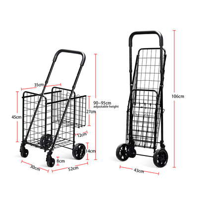 Dimensions of the black shopping trolley, showing height, width, and depth measurements