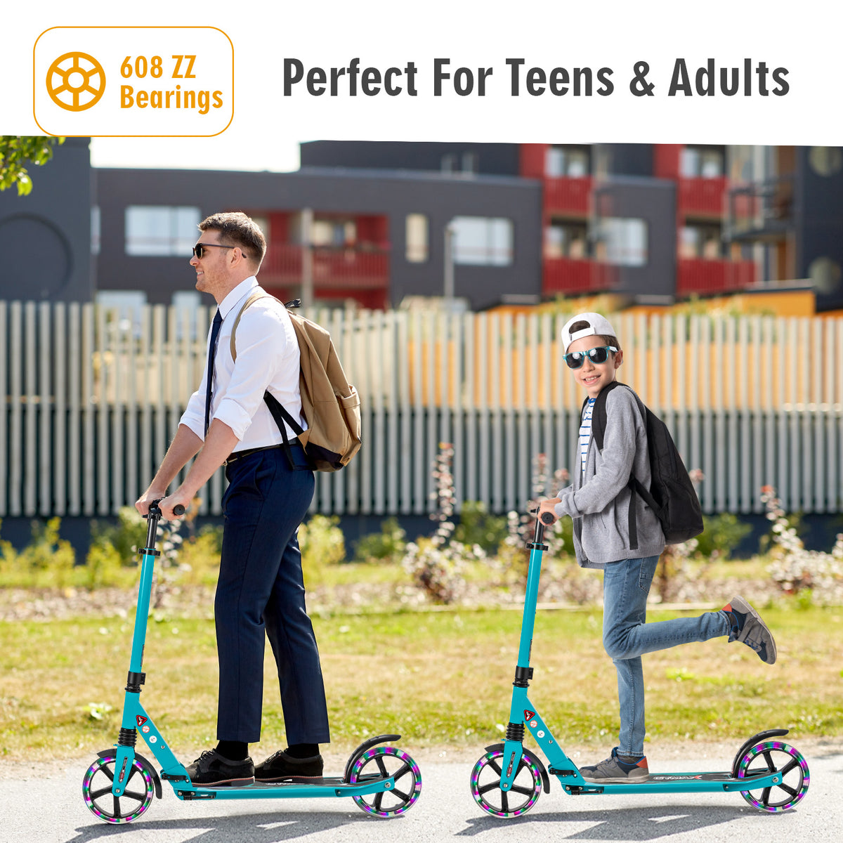 A man and a boy ride the turquoise scooters outdoors