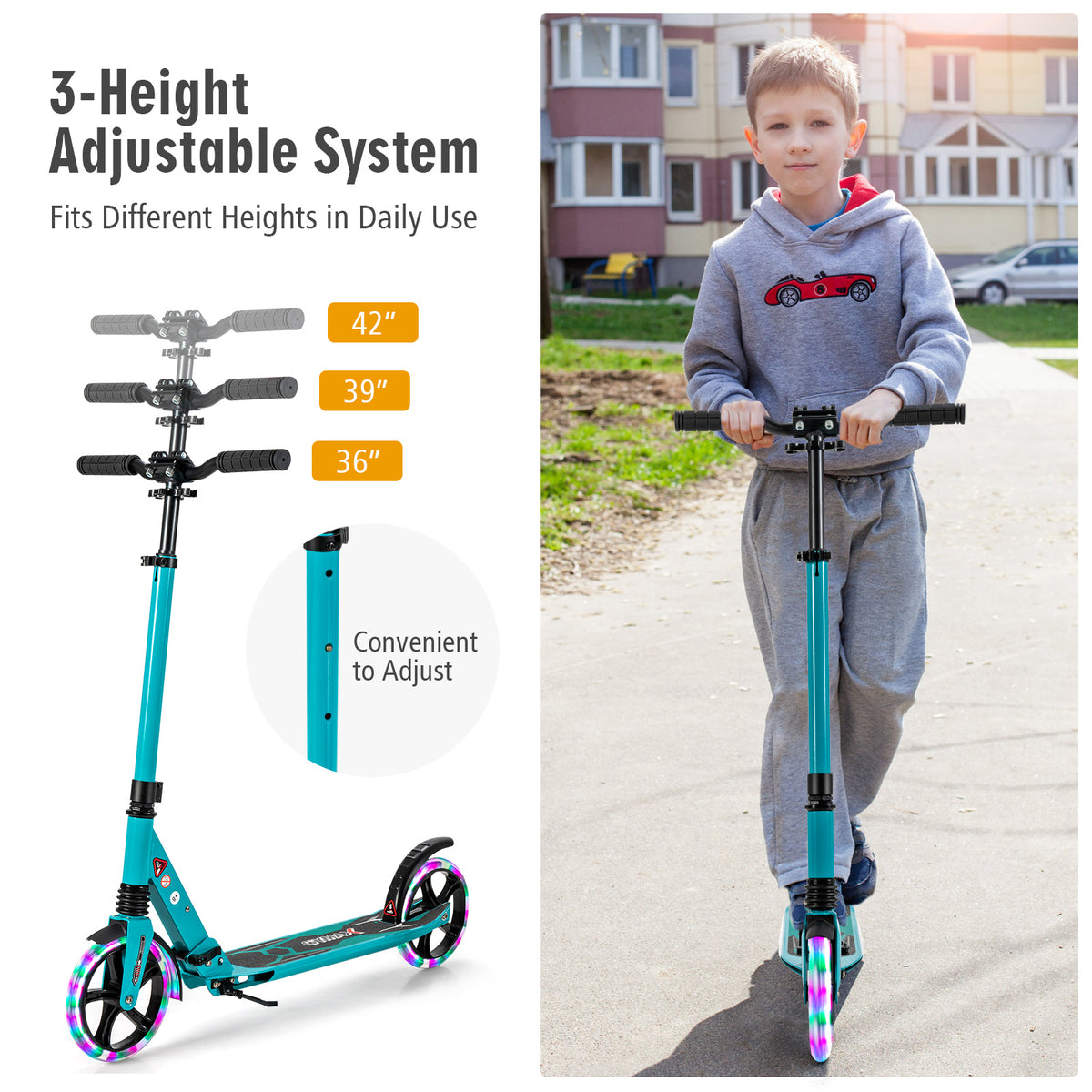 A boy stands with the turquoise scooter, showing the adjustable handlebar