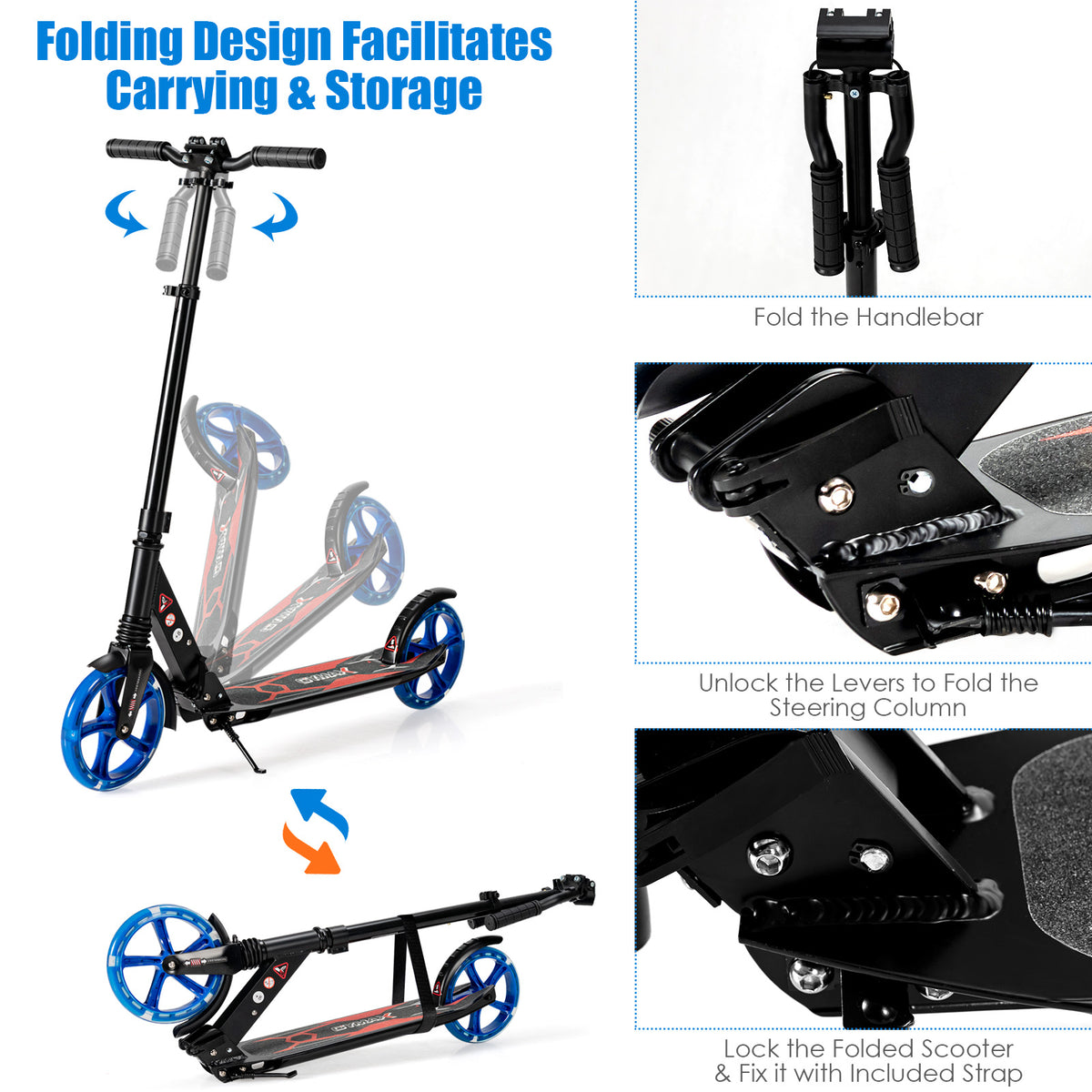 Demonstration of how to fold the black kick scooter with large wheels