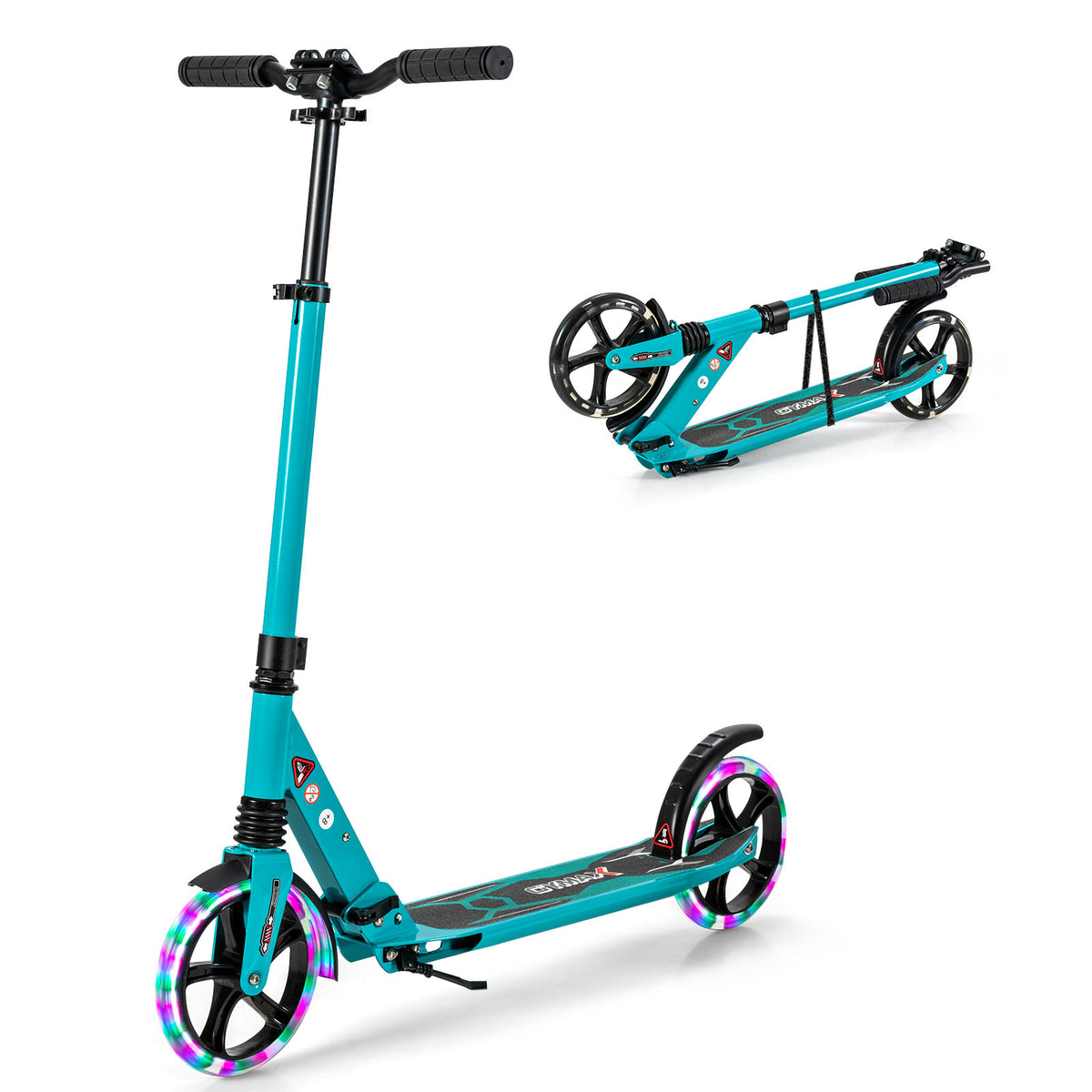 Folding Kick Scooter in turquoise with large light-up wheels, shown from the front and folded