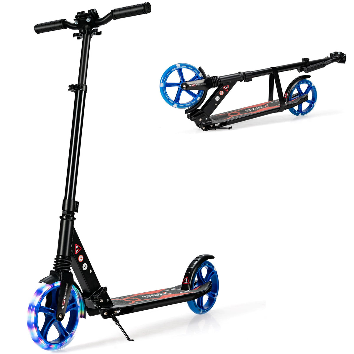 Folding Kick Scooter in black with large blue wheels and light-up features