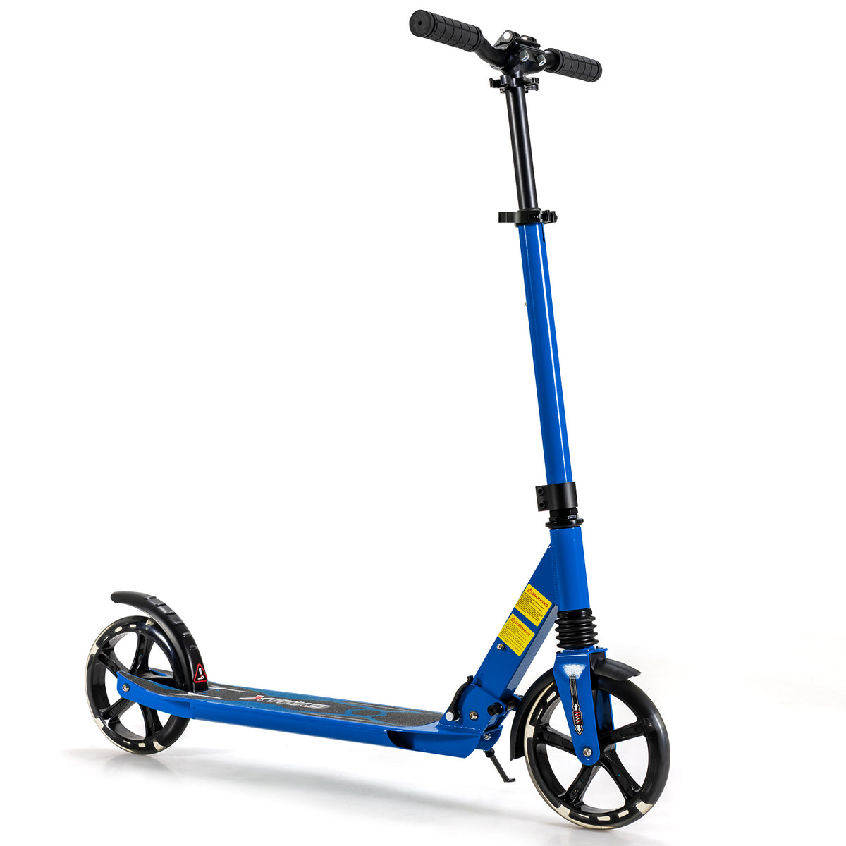 Blue kick scooter with large wheels and black handlebars