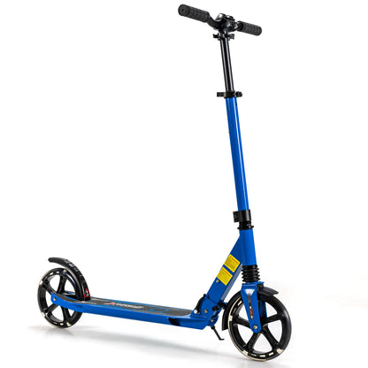 Blue kick scooter with large wheels and black handlebars