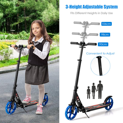 A girl adjusting the height of the black kick scooter with large blue wheels