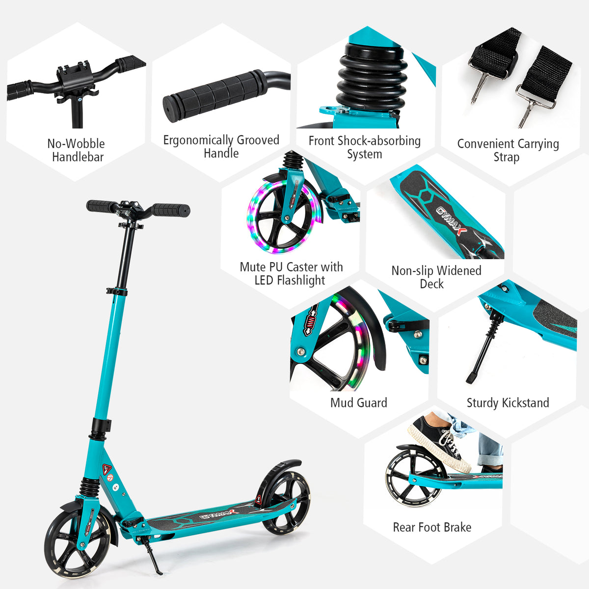 Detailed view of the turquoise scooter highlighting features like handlebars and wheels