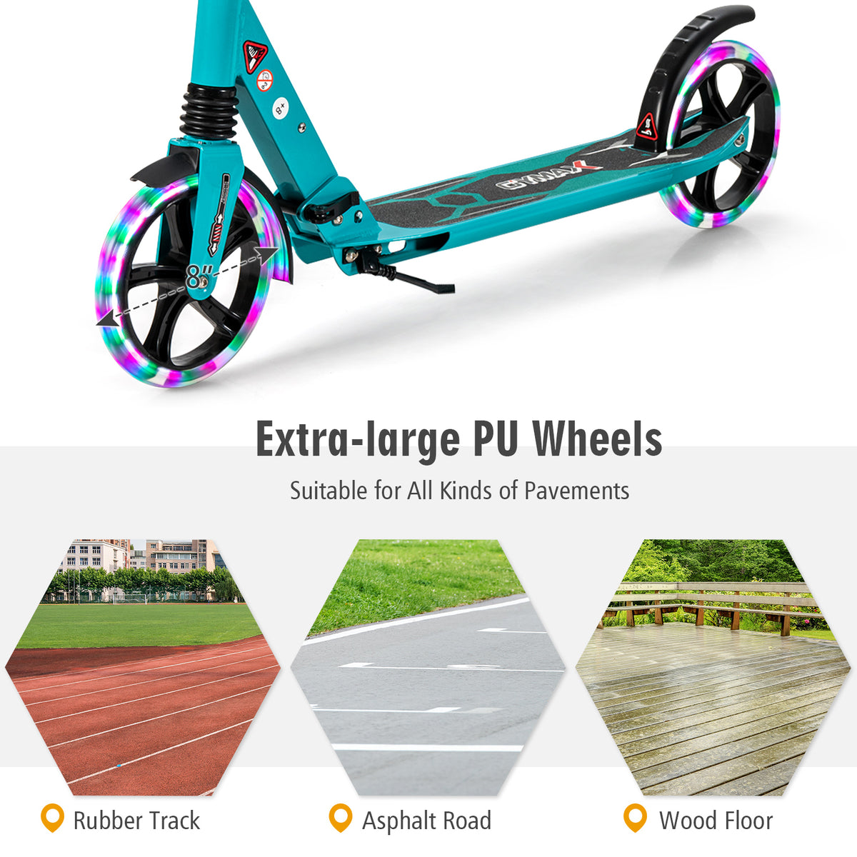 Close up of the turquoise scooter wheels on different surfaces