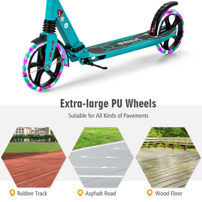 Close up of the turquoise scooter wheels on different surfaces