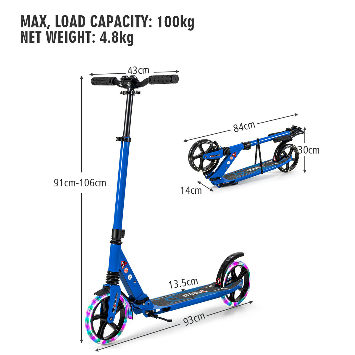 Blue kick scooter with dimensions shown for height and width