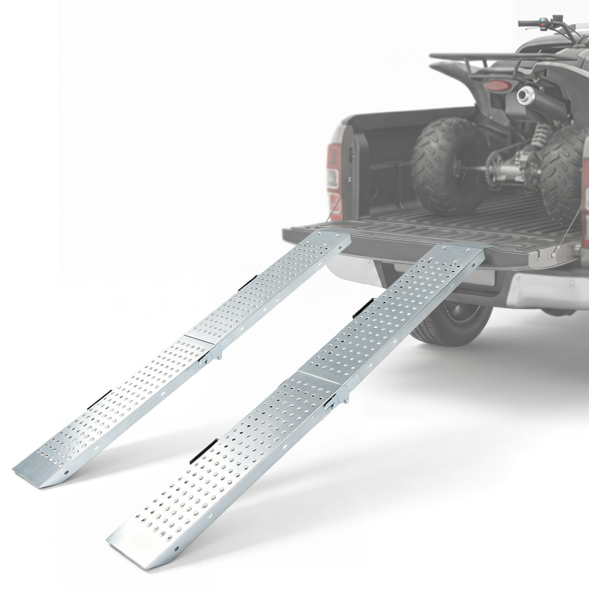 The metal ramps extended from the back of a pickup truck with a quad bike