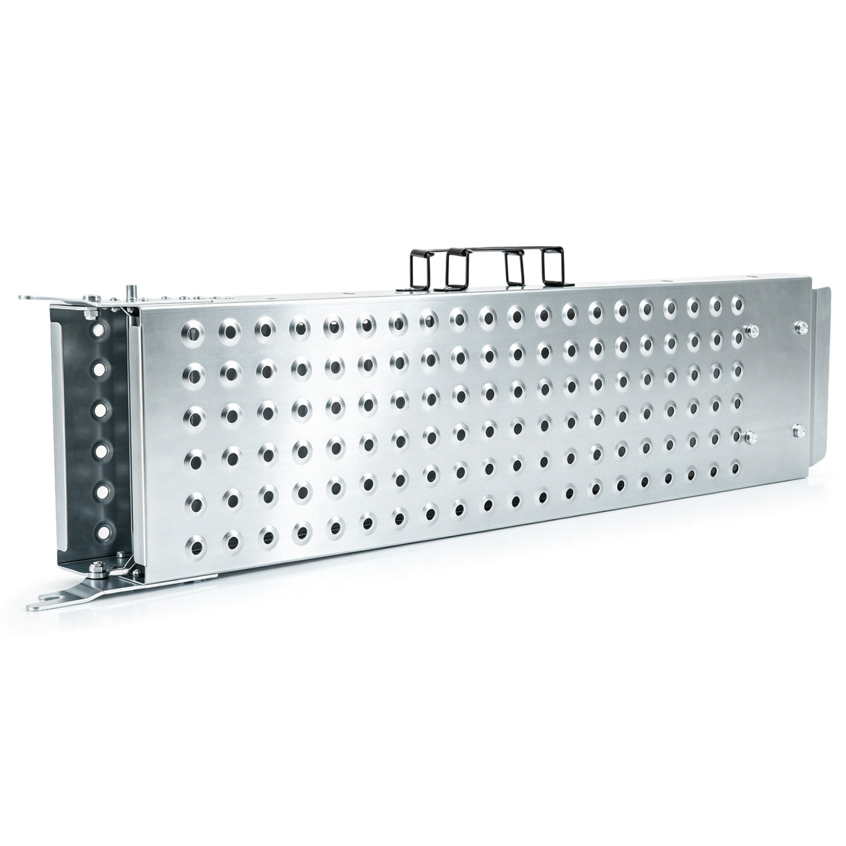 The metal ramps folded in half to show the compact storage shape and handle