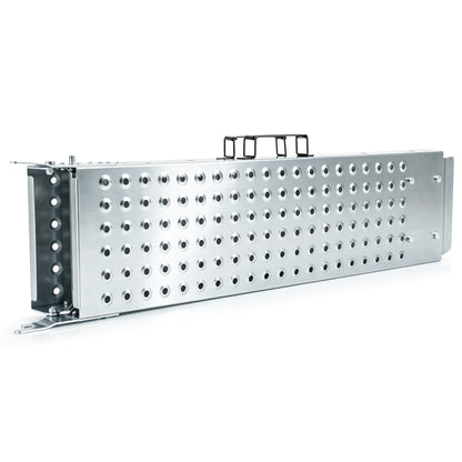 The metal ramps folded in half to show the compact storage shape and handle