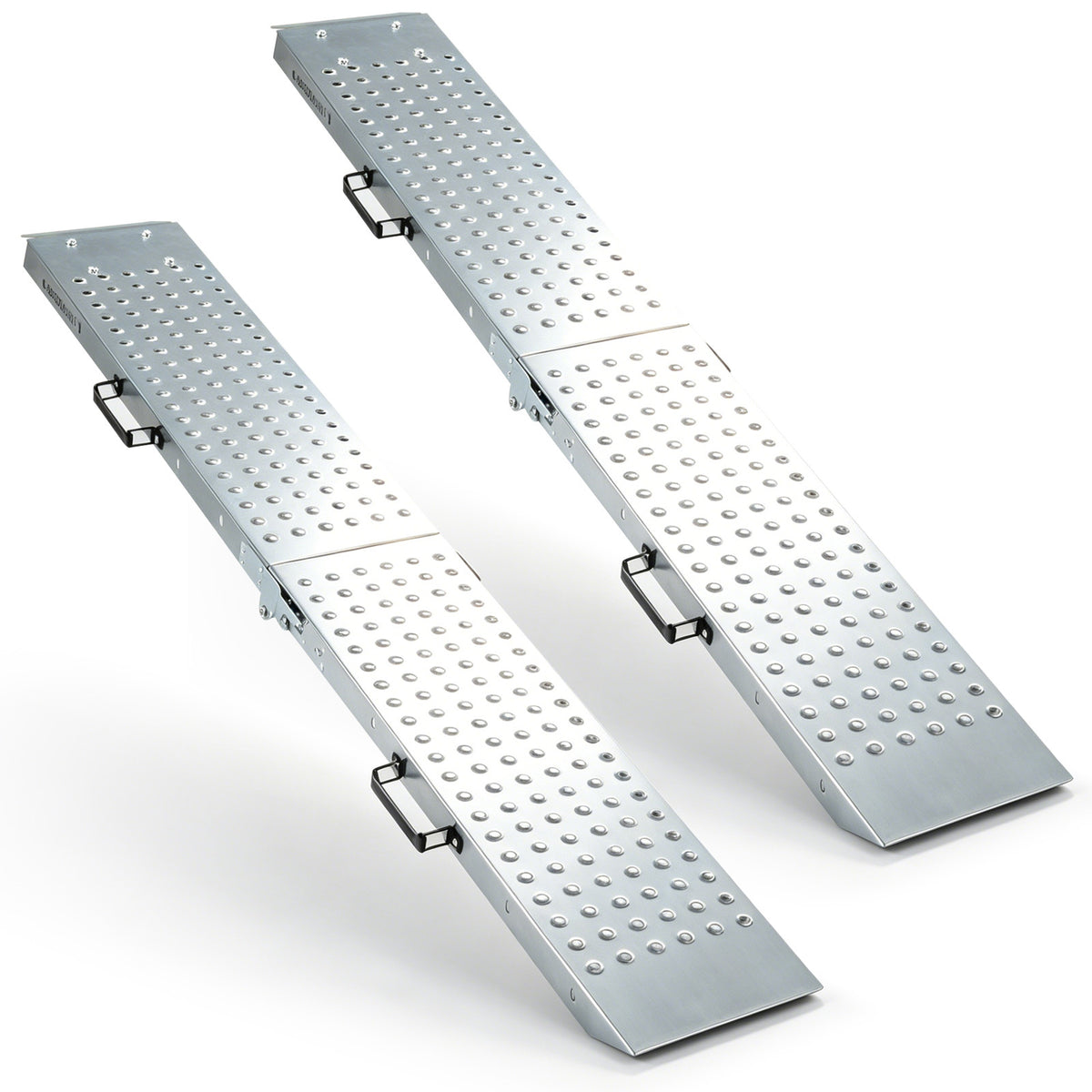 Folding Loading Ramps in silver with a textured surface and black side carry handles