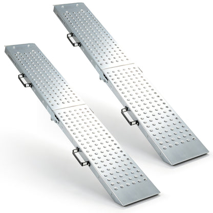 Folding Loading Ramps in silver with a textured surface and black side carry handles