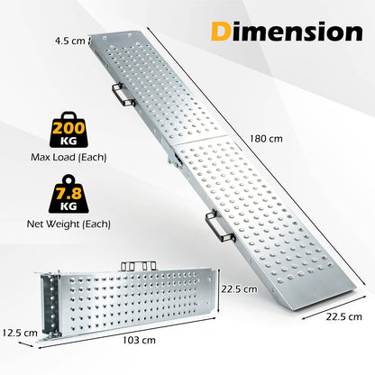 The metal ramps shown with technical labels for length width and weight capacity