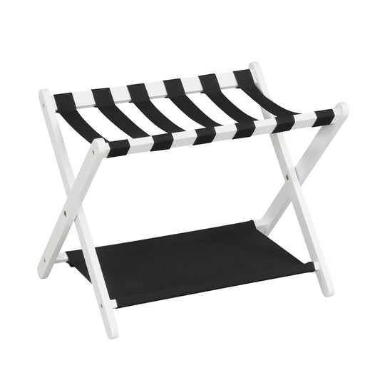 Folding Luggage Rack Solid Rubberwood Suitcase Stand with white frame and black striped fabric