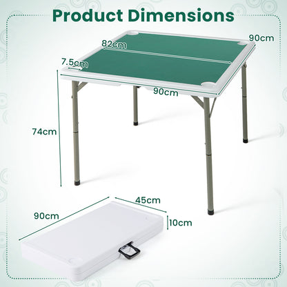 The game table showing dimensions for the open and folded states