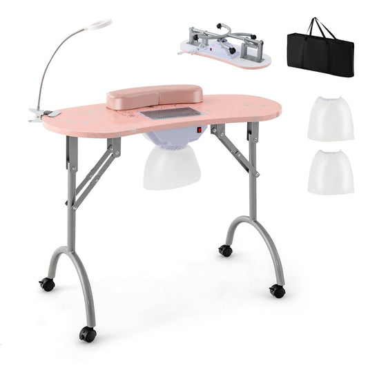 Folding Manicure Nail Table with Electric Dust Collector-Pink, a pink table with a lamp, dust collector and wheels