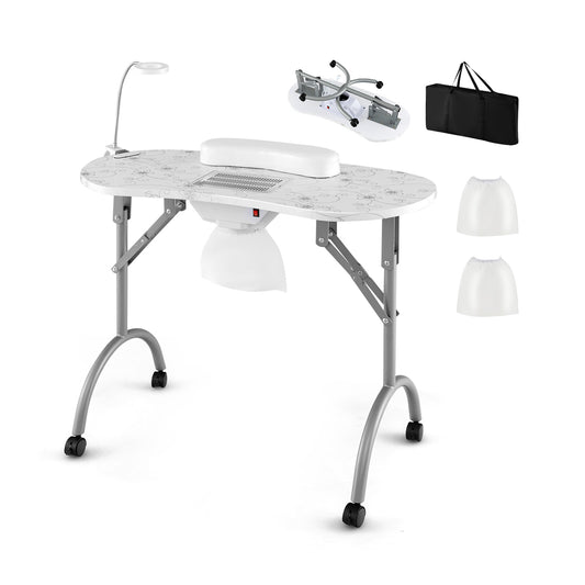 Folding Manicure Nail Table with Electric Dust Collector, white with grey legs and wheels
