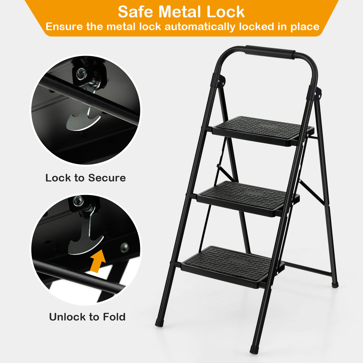 Close-up of the metal locking mechanism on the black folding step ladder