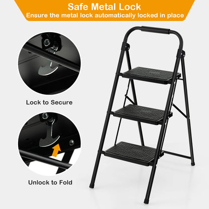 Close-up of the metal locking mechanism on the black folding step ladder