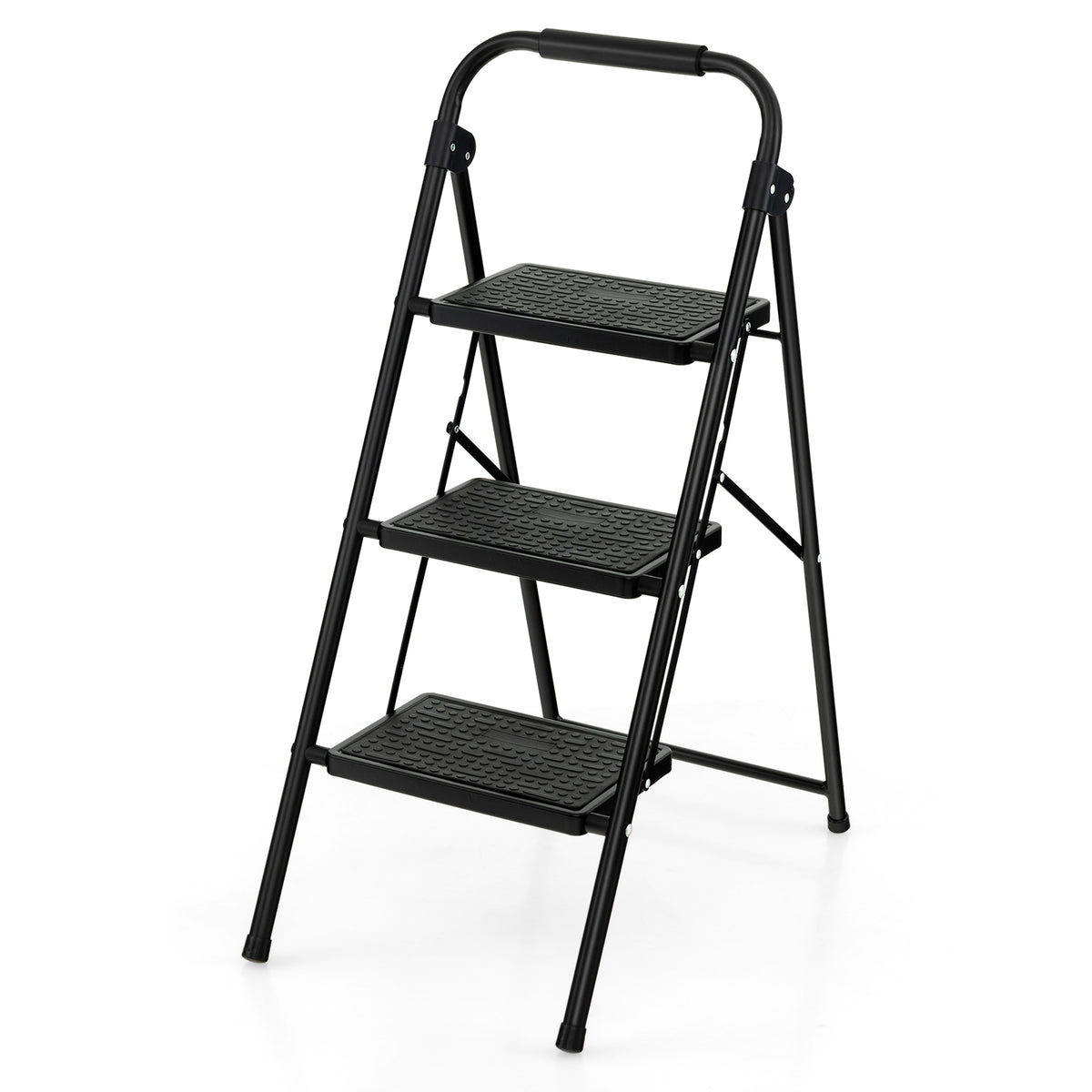 Folding Portable 3 Step Ladder with anti-slip pedals and handle in black
