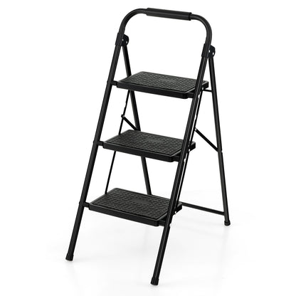 Folding Portable 3 Step Ladder with anti-slip pedals and handle in black
