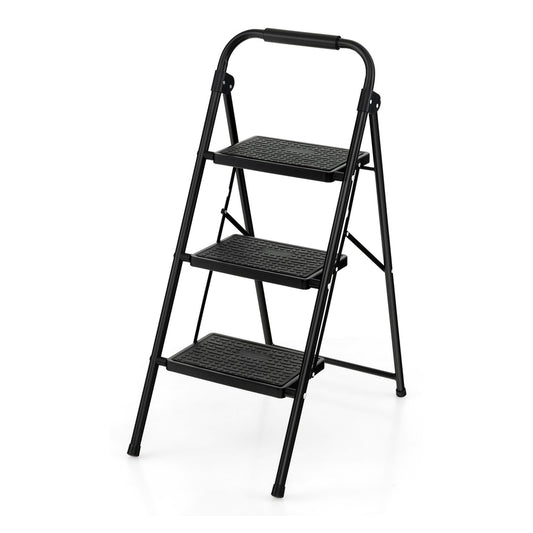 Folding Portable 3 Step Ladder with anti-slip pedals and handle in black