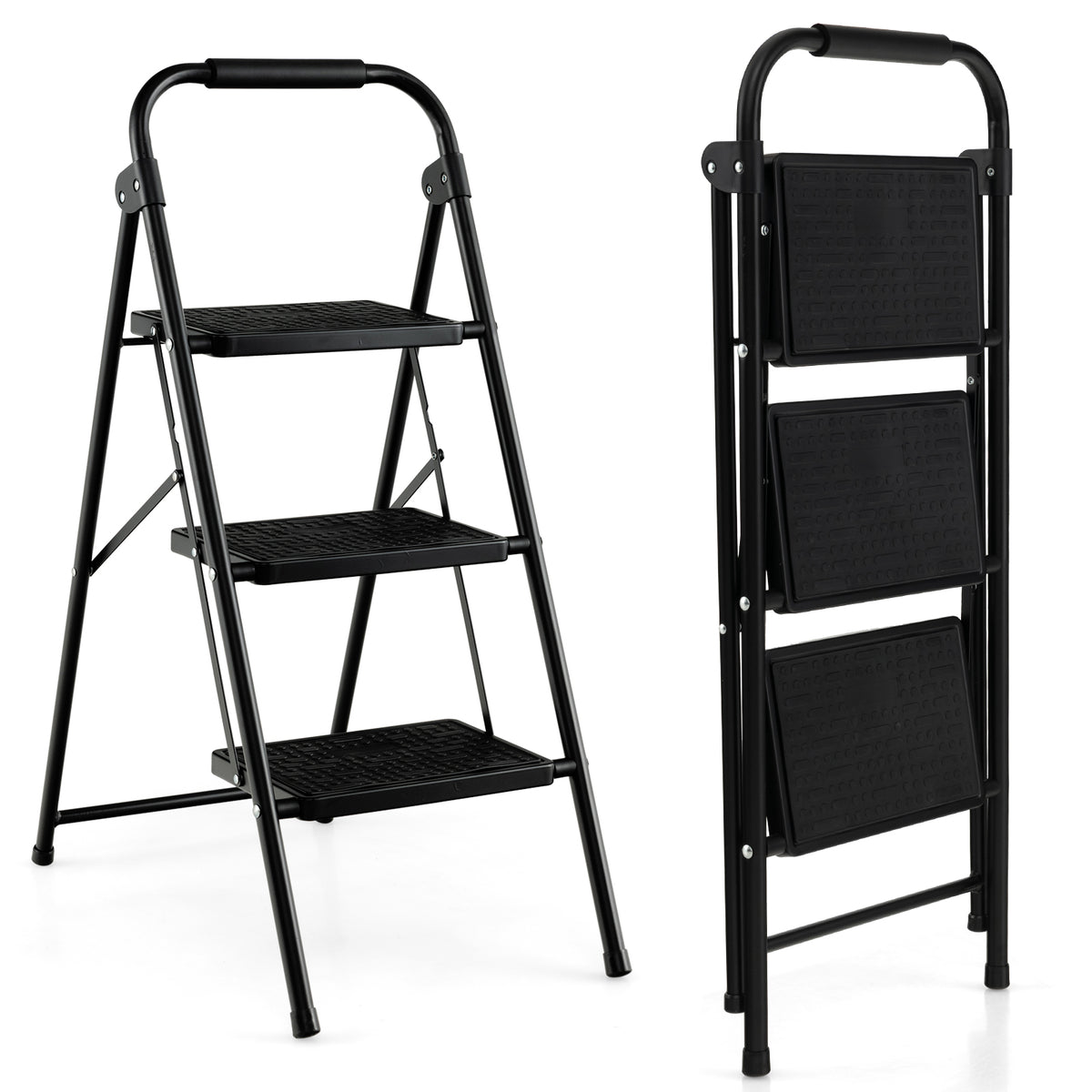 The black folding step ladder shown open and folded