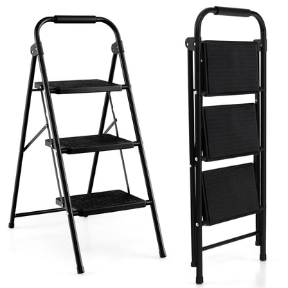 The black folding step ladder shown open and folded