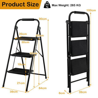 Diagram showing the dimensions of the black folding step ladder