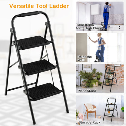 Collage showing the black folding step ladder used for various tasks