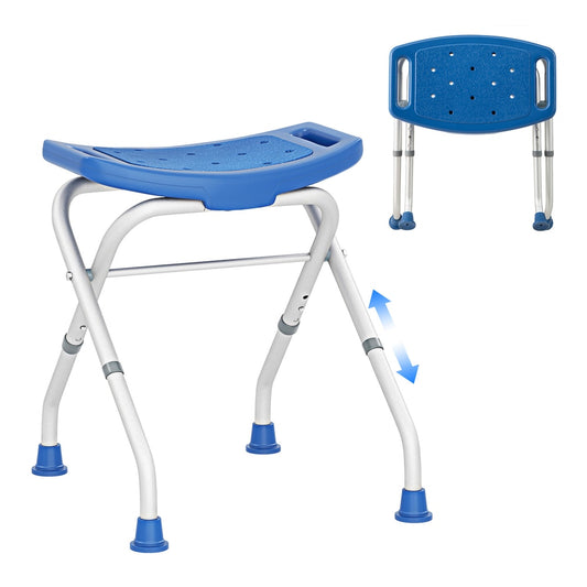 Folding Portable Shower Seat with Adjustable Height for Bathroom-Blue, a blue seat on a white frame, shown folded