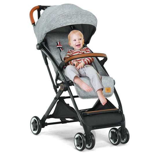 Folding Pushchair with Adjustable Backrest and Footrest in grey with a seated baby