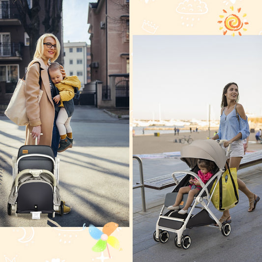 Folding Pushchair with Adjustable Backrest and Footrest, the baby stroller being carried while folded and used by a woman on