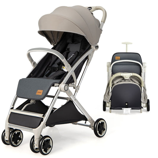 Folding Pushchair with Adjustable Backrest and Footrest shown in open and folded positions