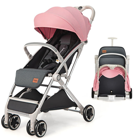 Folding Pushchair with Adjustable Backrest and Footrest in pink, shown from the front with the canopy up