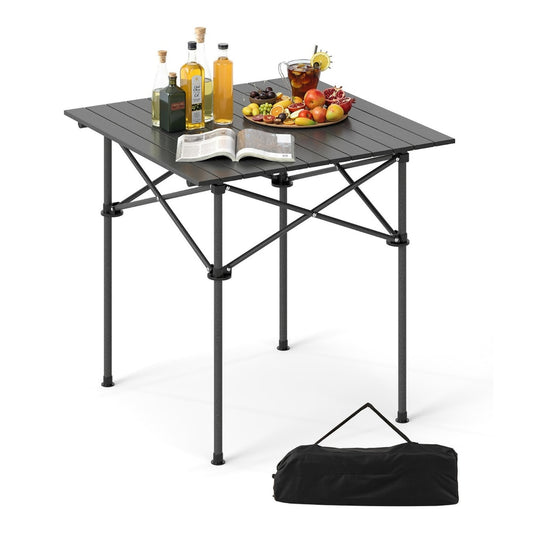 Folding Roll-up Aluminium Camping Table for 4 set up with drinks and fruit