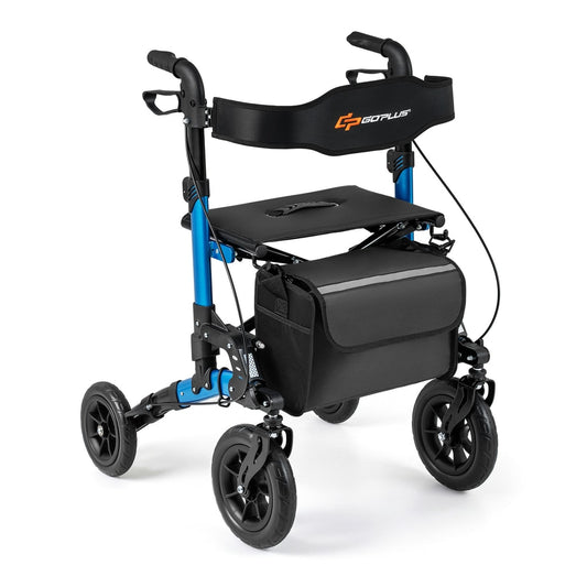 Folding Rolling Walker with a blue frame, black seat, mesh backrest and a storage bag attached